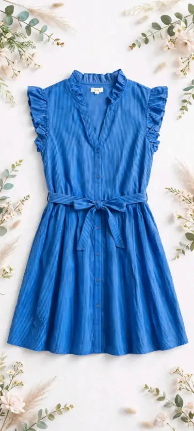 Vestido azul con volantes y cinturón - miniatura 1