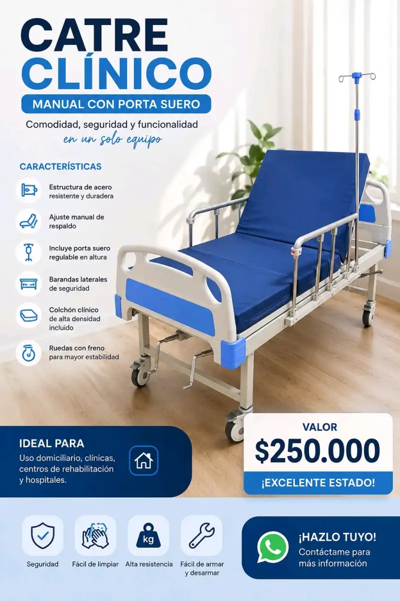 Catre clínico manual con porta suero y ruedas