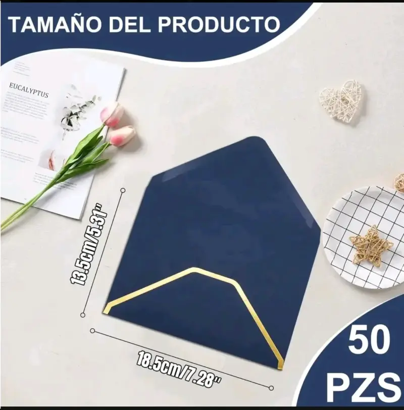 Sobres de invitación azul con borde dorado 50 piezas - 2