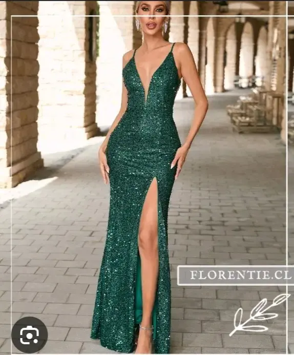 Vestido de noche verde esmeralda con lentejuelas - 2
