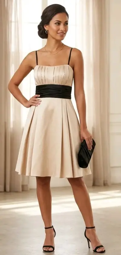 Vestido de fiesta beige con cinturón negro - miniatura 1