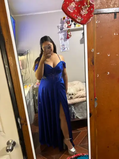 Vestido de noche azul con encaje y corset - miniatura 6