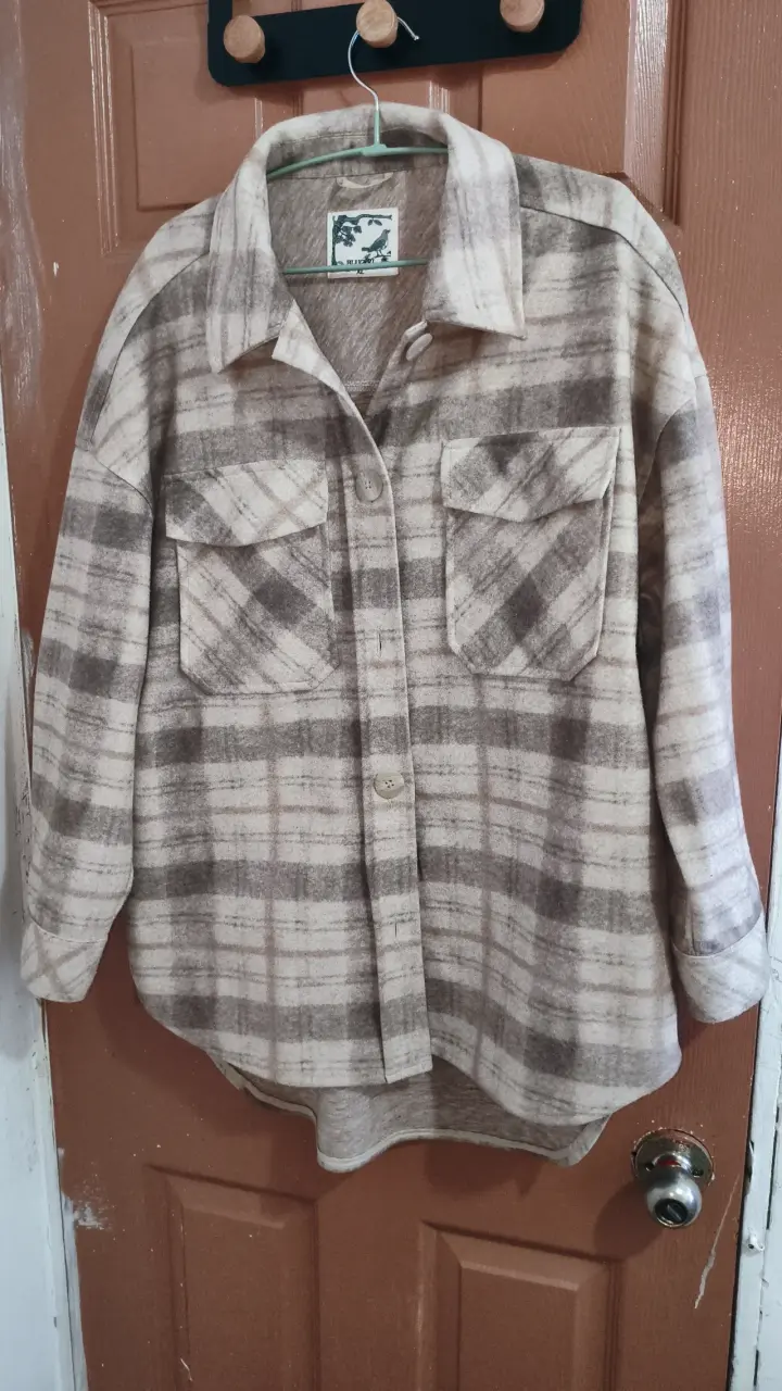 Camisa de franela a cuadros beige y gris - 3