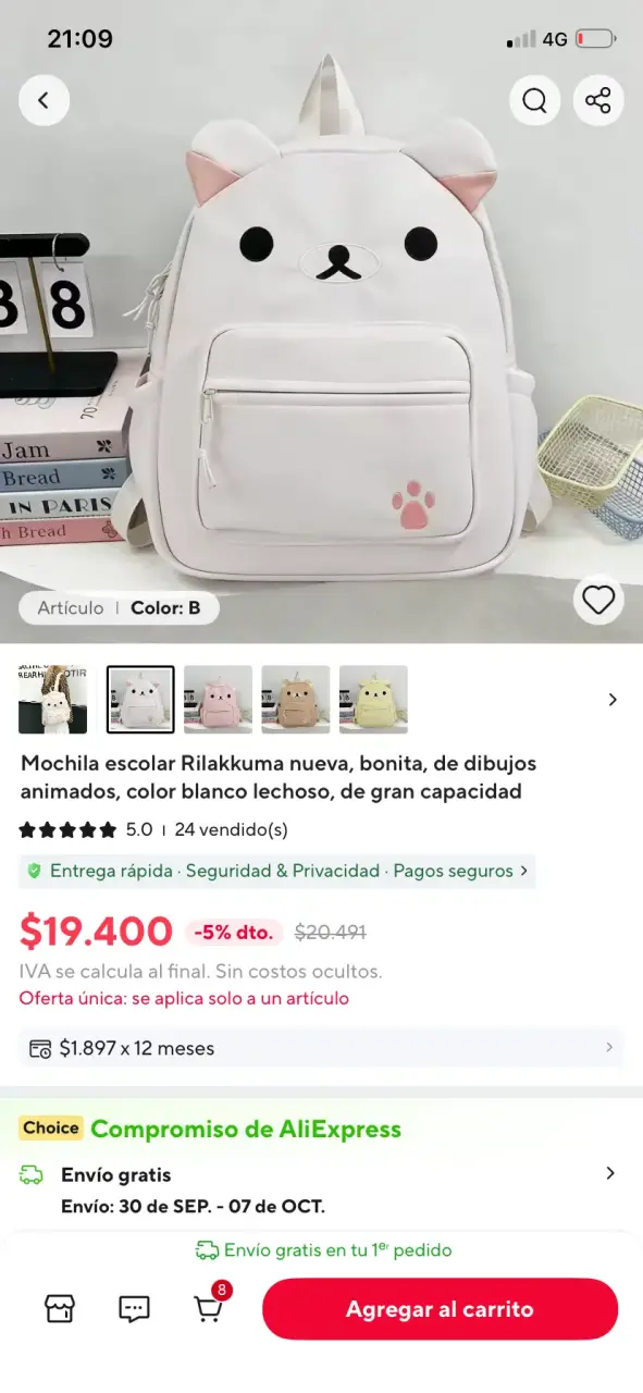 Mochila escolar Rilakkuma blanca