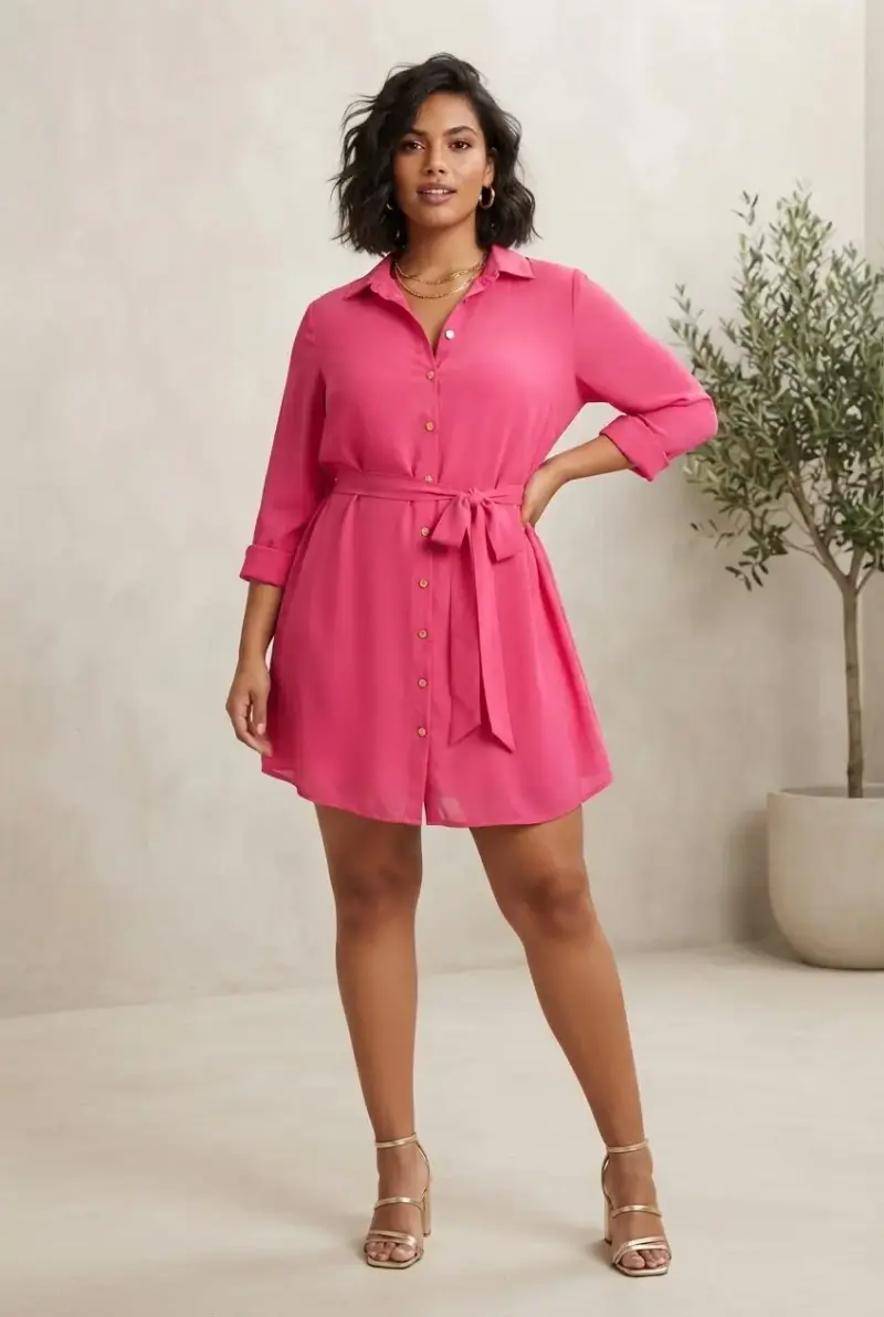 Vestido camisero rosa con cinturón