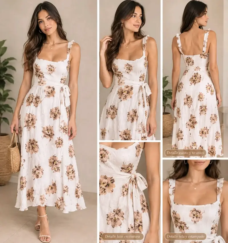 Vestido largo floral con lazo en la cintura