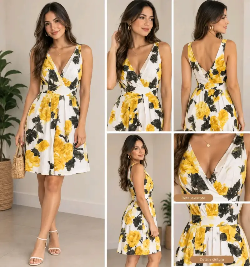 Vestido floral amarillo con escote en V