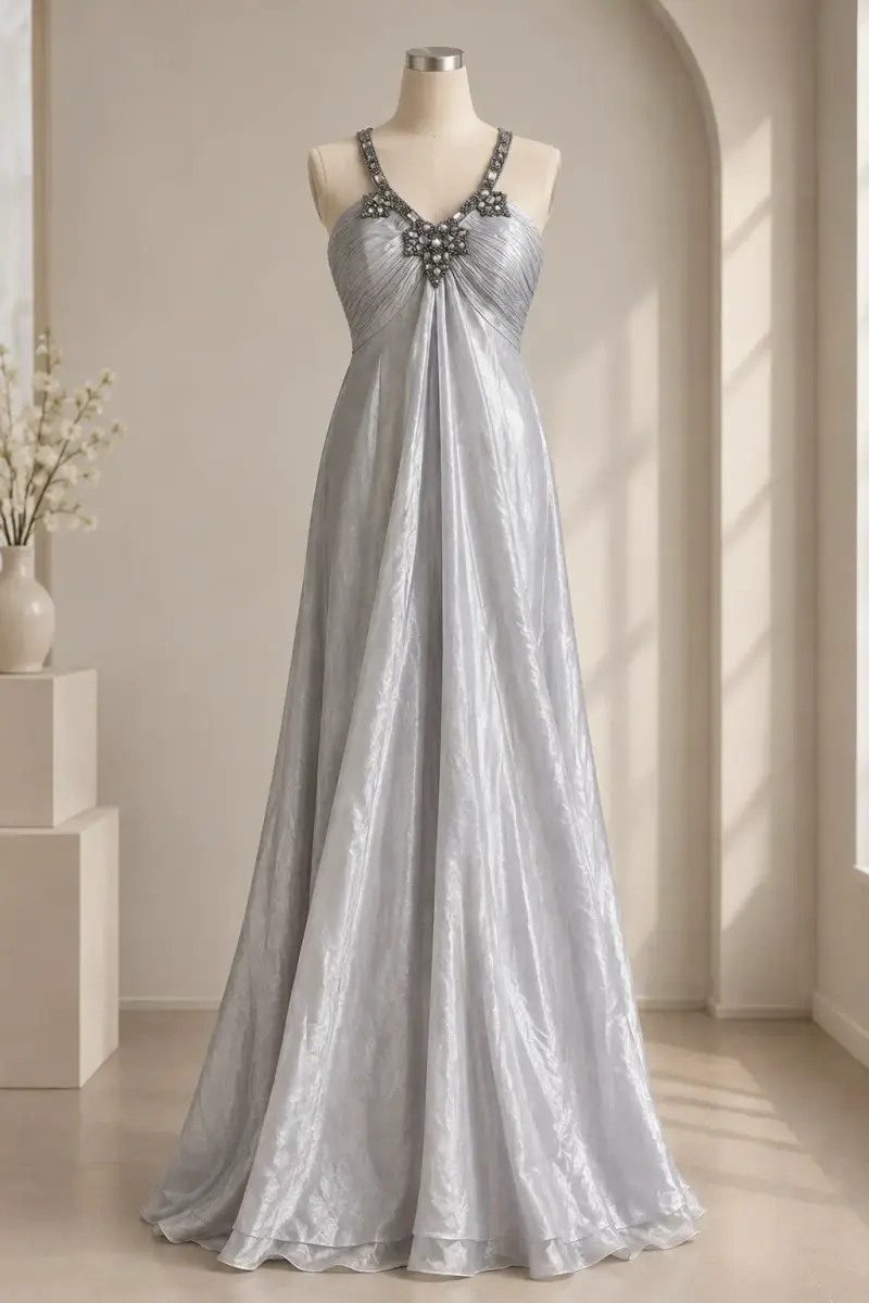 Vestido de noche plateado con pedrería
