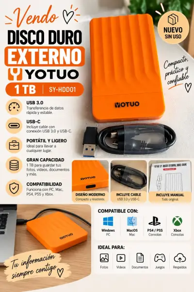 Disco Duro Externo Yotuo 1TB USB 3.0 Naranja - miniatura 1