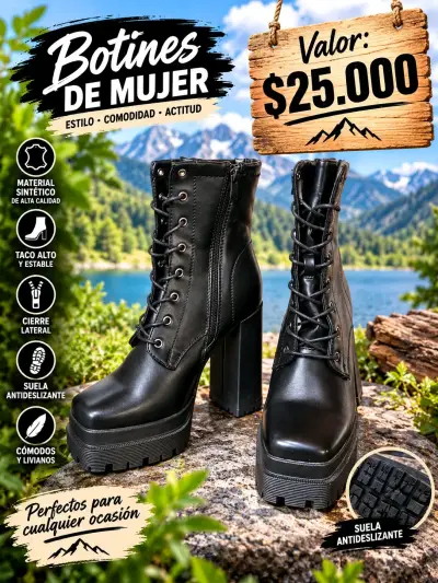Botines de mujer negros con taco alto y suela antideslizante - miniatura 4