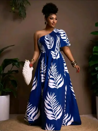 Vestido largo azul con estampado de hojas - miniatura 1