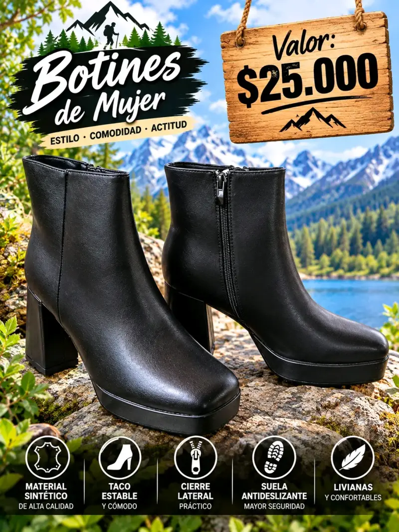 Botines de Mujer Negros con Taco y Cierre Lateral