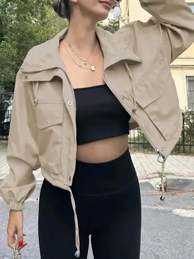 Chaqueta Corta Beige con Capucha para Mujer - miniatura 3