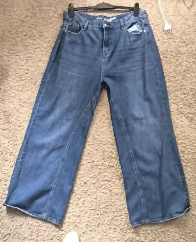 Jeans anchos de mezclilla azul para mujer - miniatura 1