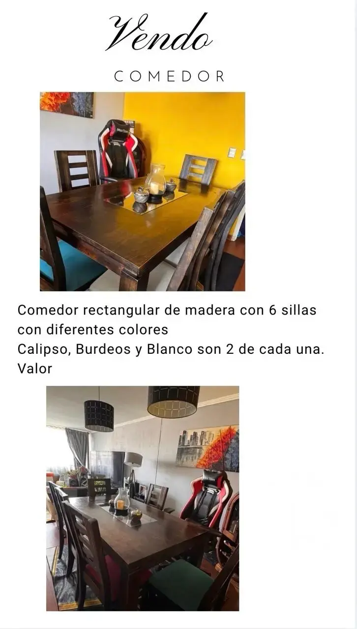 Comedor de madera con 6 sillas de colores