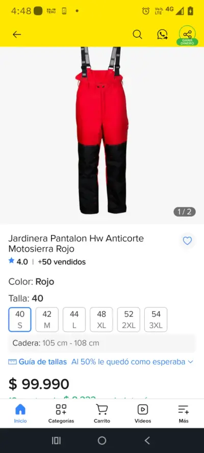 Jardinera pantalón anticorte roja para motosierra - miniatura 1