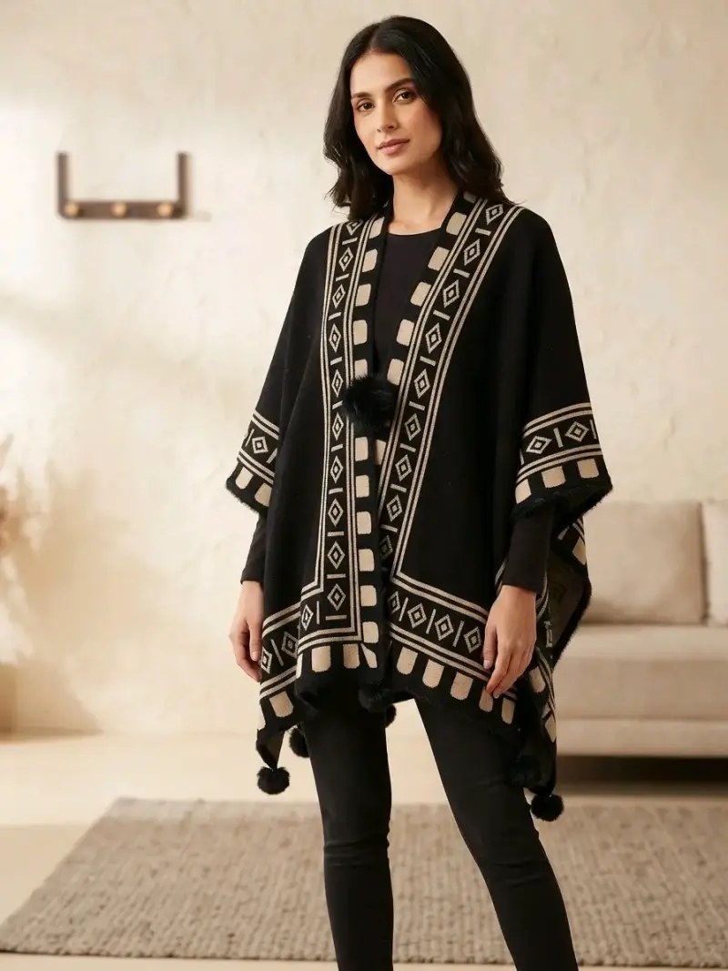 Poncho negro con diseño geométrico elegante - 1
