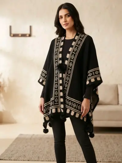 Poncho negro con diseño geométrico elegante - miniatura 1
