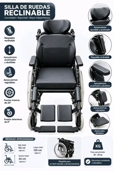 Silla de ruedas reclinable con apoyabrazos acolchados - miniatura 1