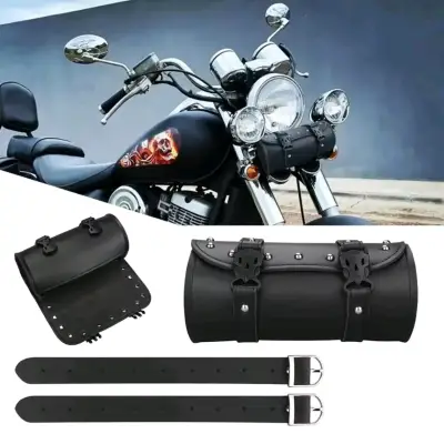 Bolso de cuero negro para moto con hebillas - miniatura 1