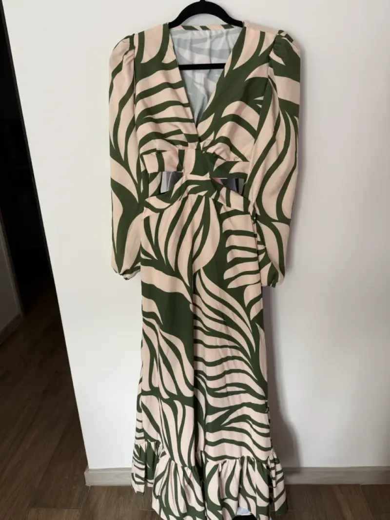 Vestido largo estampado hojas verde y beige - 2