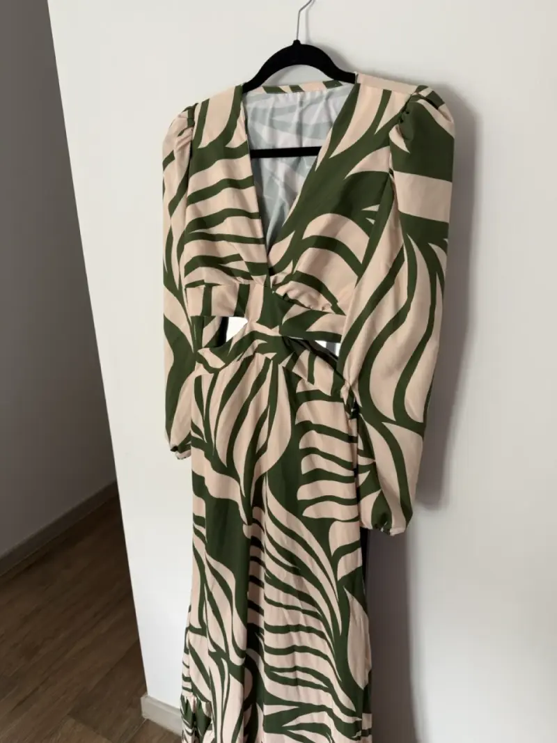 Vestido largo estampado hojas verde y beige - 6