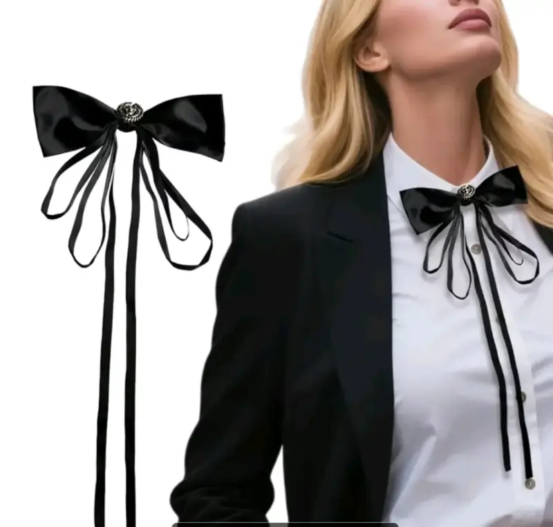 Lazo de satén negro con broche de rosa - 2