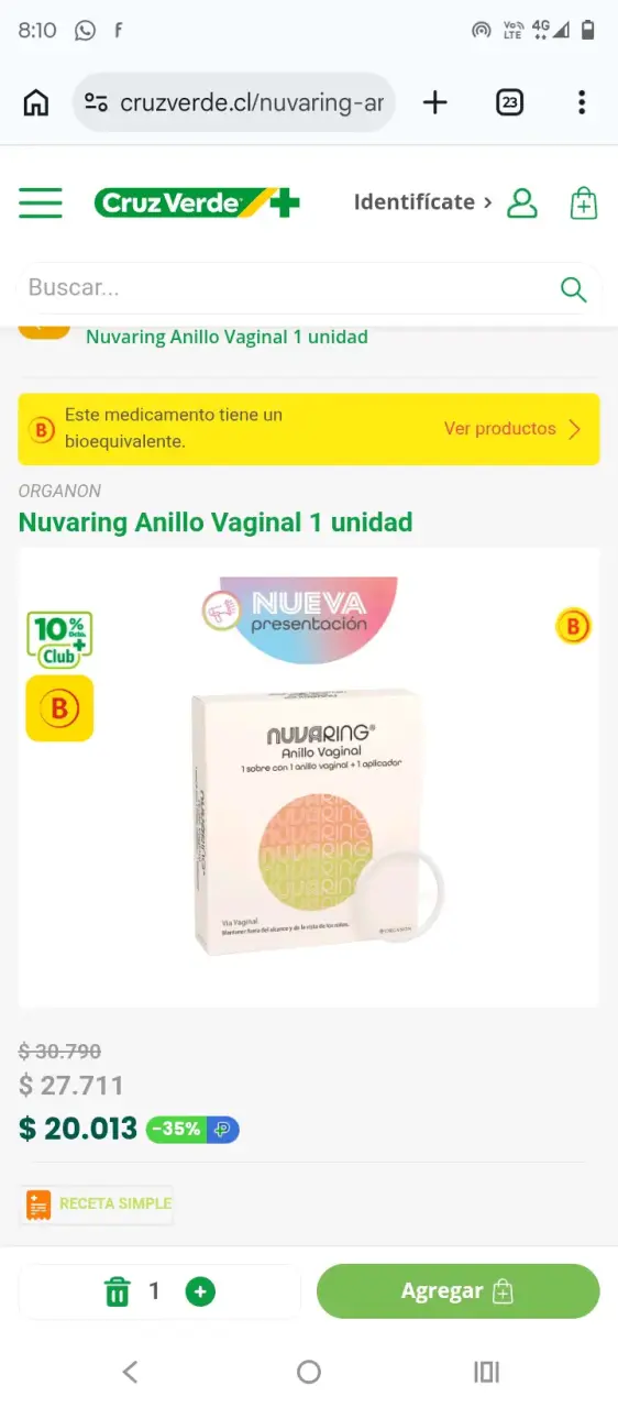 Anillo Vaginal Nuvaring 1 Unidad