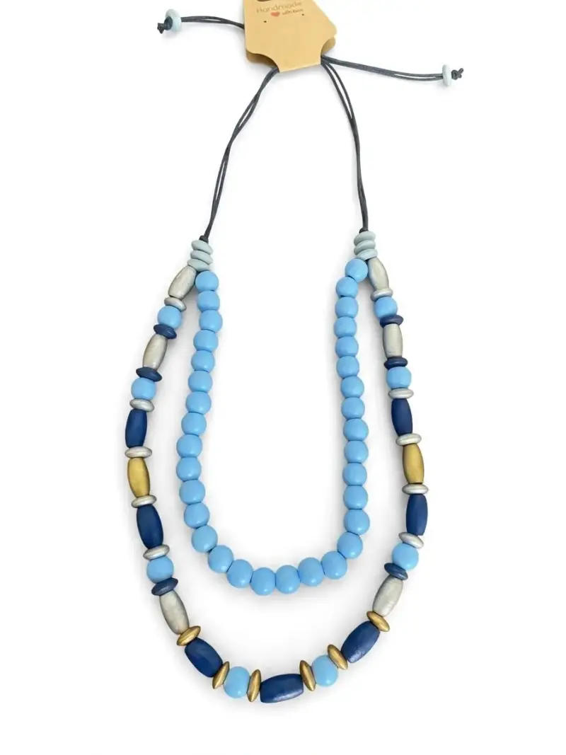 Collar artesanal de cuentas azules y doradas