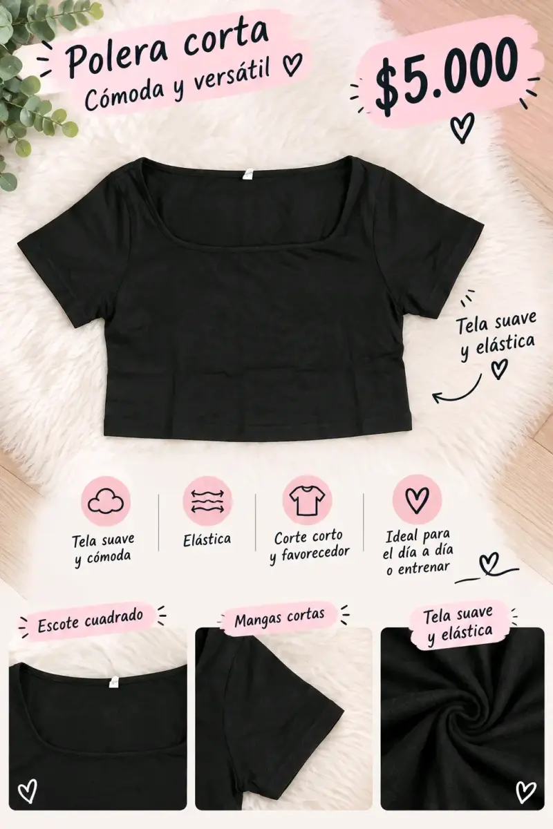 Polera corta negra cómoda y versátil