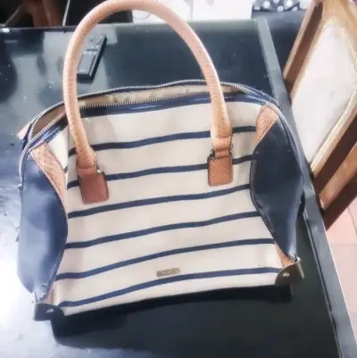 Bolso de mano rayado azul y beige - miniatura 1
