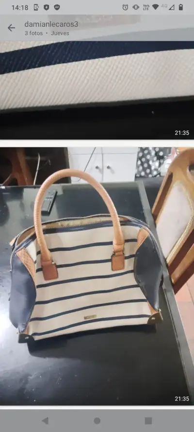 Bolso de mano rayado azul y beige - miniatura 2