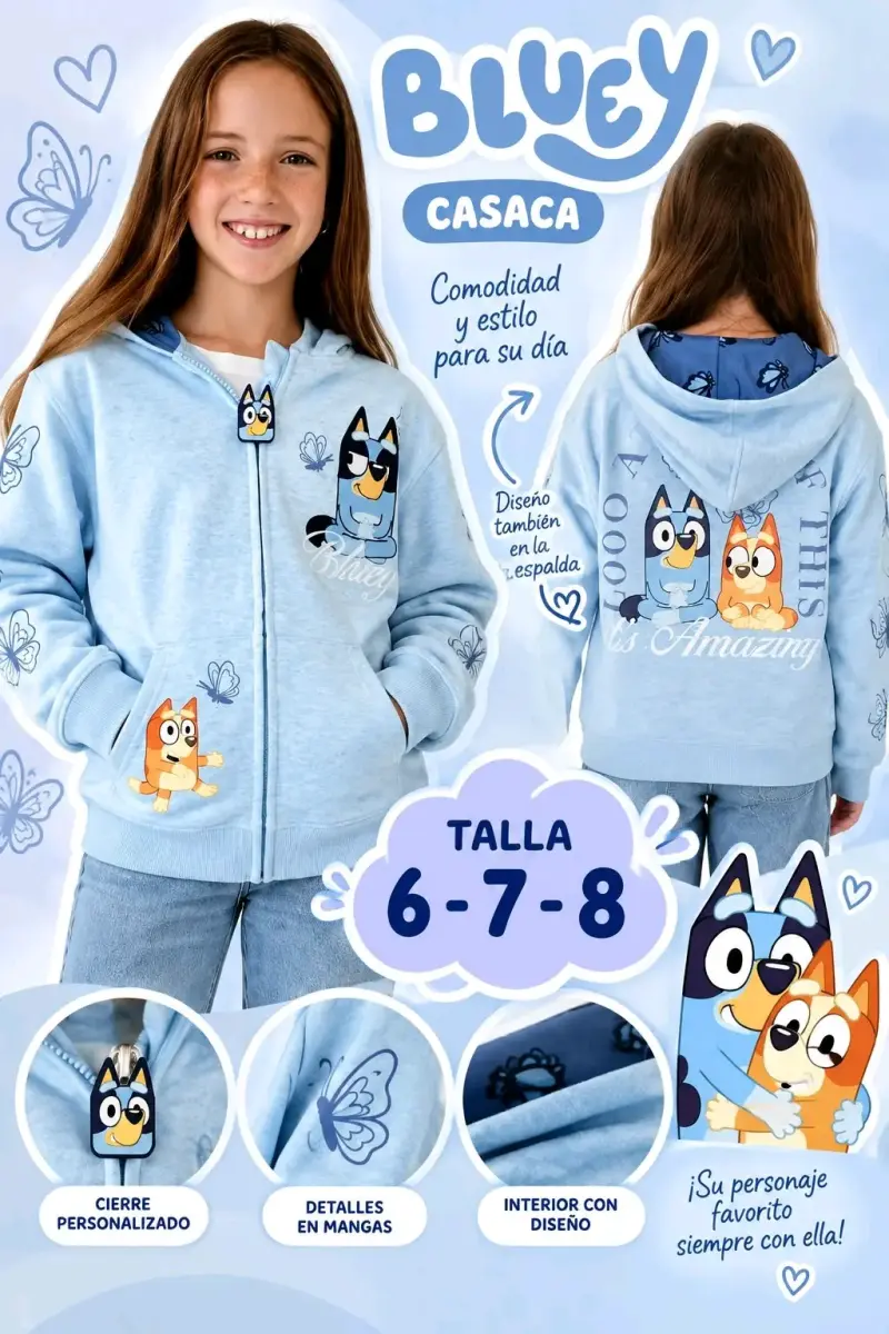 Casaca infantil Bluey con diseño divertido