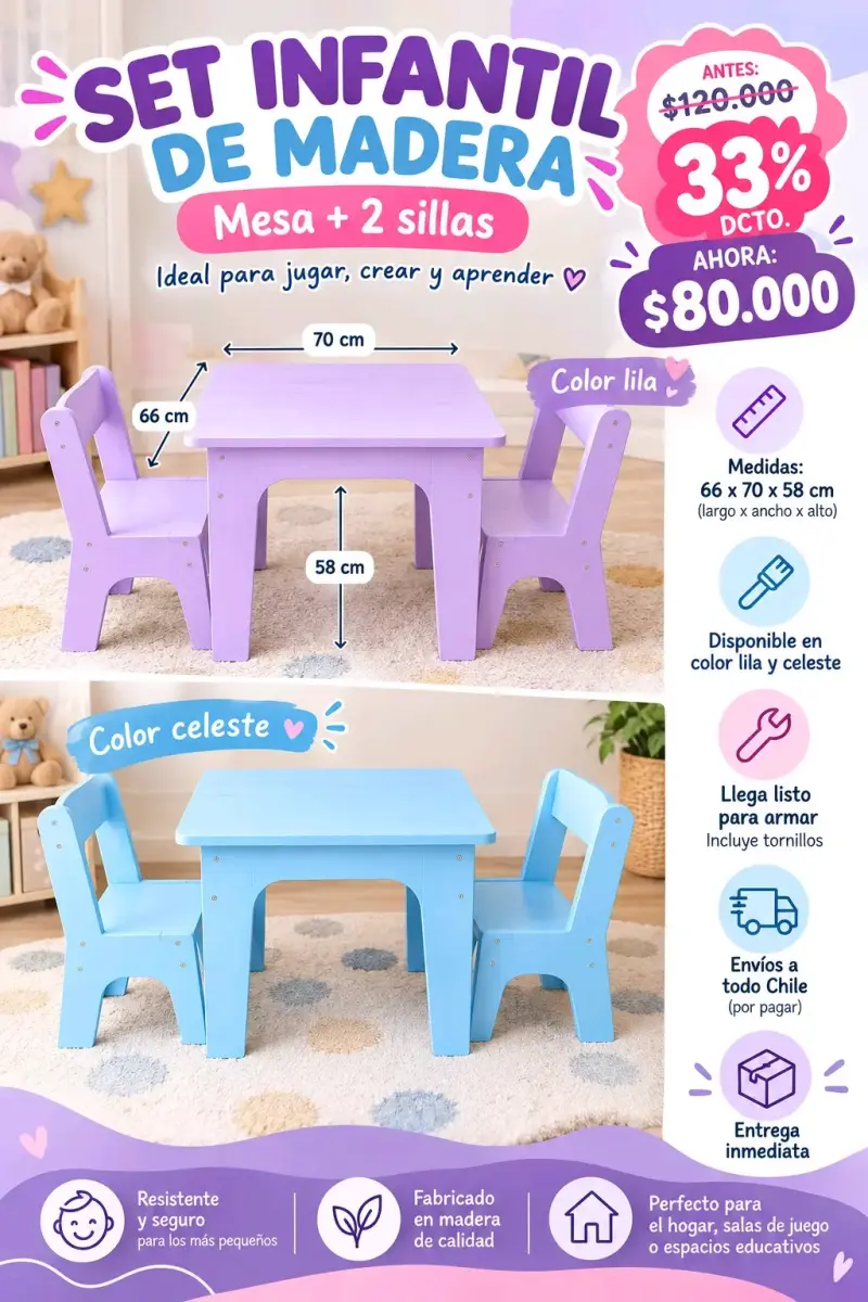 Set infantil de madera mesa y 2 sillas