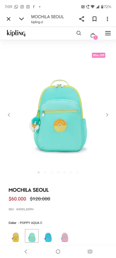Mochila Kipling Seoul Aqua con Llavero - miniatura 1