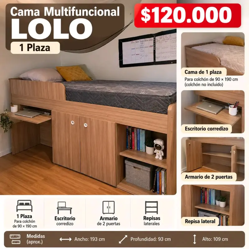 Cama Multifuncional Lolo 1 Plaza con Escritorio