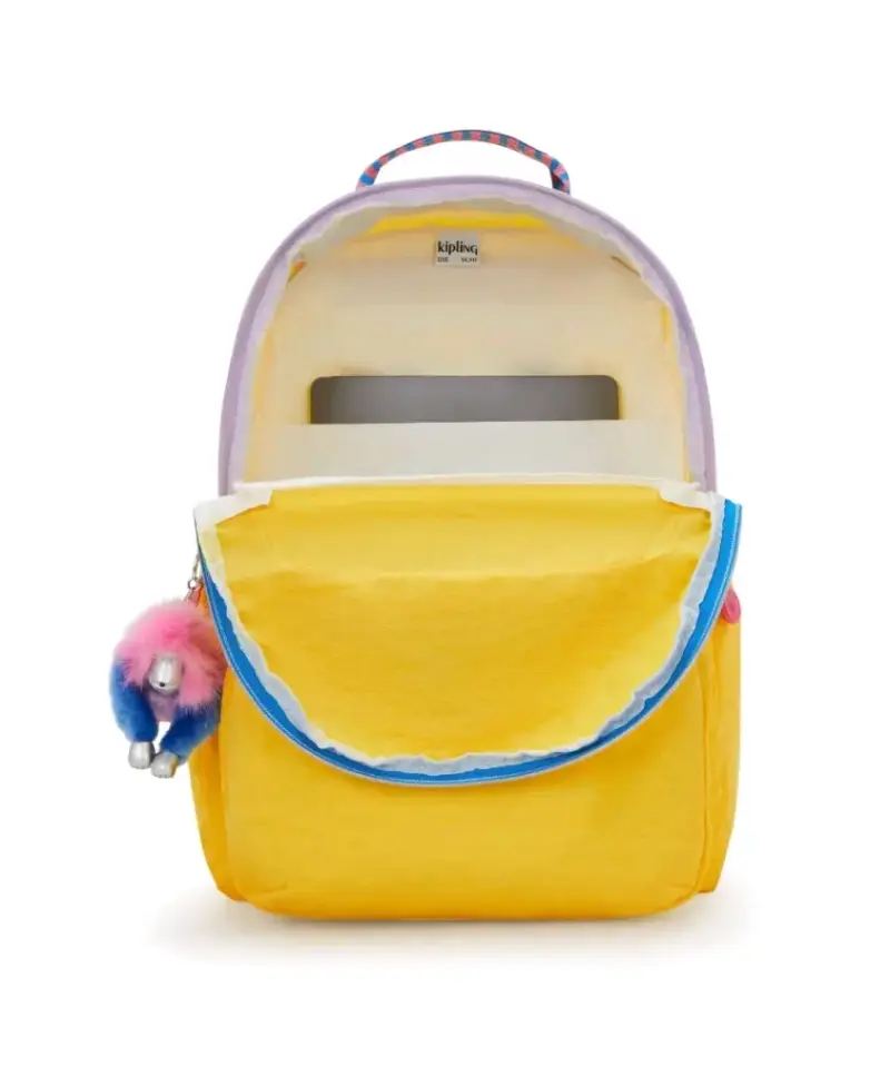 Mochila amarilla Kipling con llavero de mono - 2