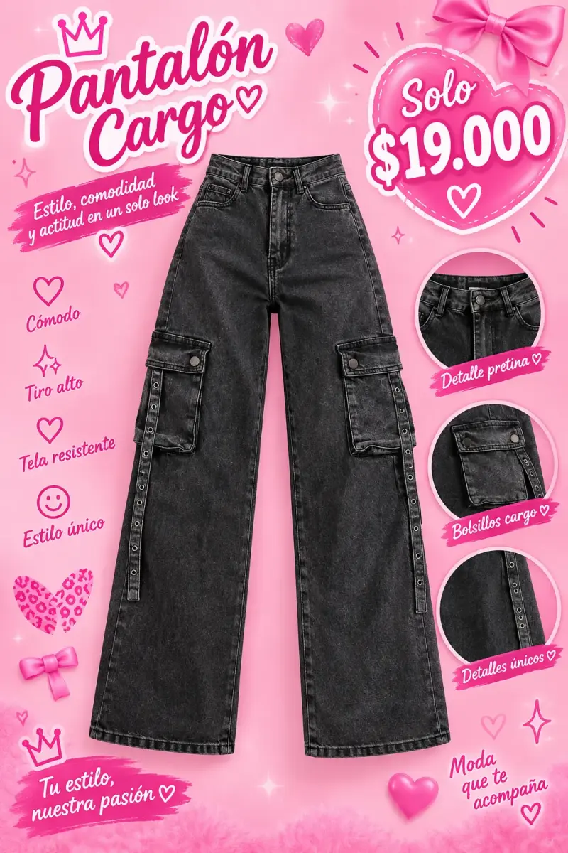 Pantalón cargo negro tiro alto cómodo - 1