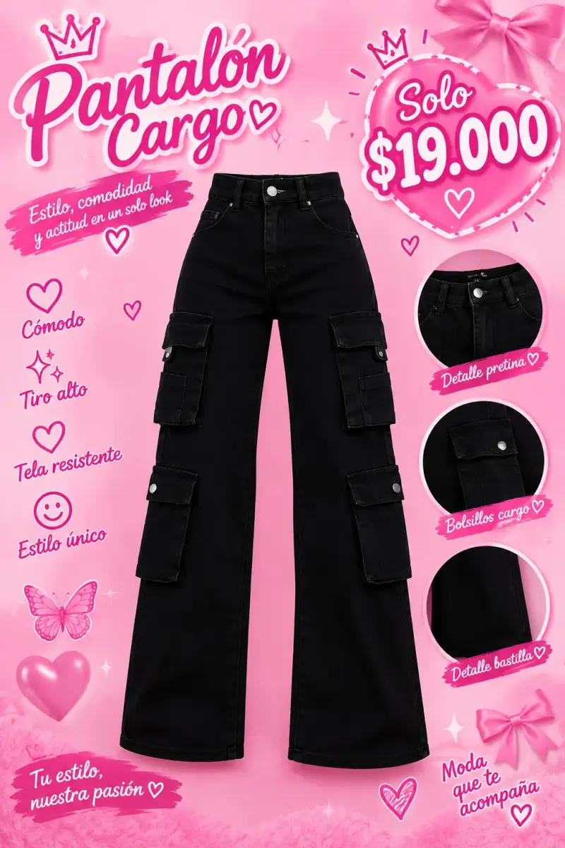 Pantalón cargo negro tiro alto cómodo - 2