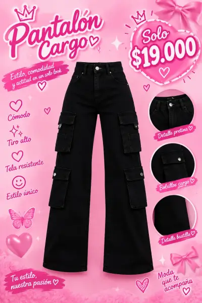 Pantalón cargo negro tiro alto cómodo - miniatura 2