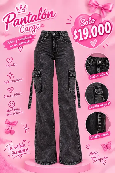 Pantalón cargo negro tiro alto cómodo - miniatura 3