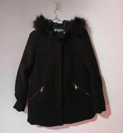 Abrigo Negro Basement Capucha Piel Mujer M - miniatura 1