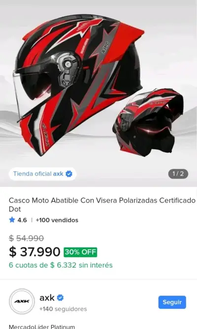 Casco de moto abatible rojo con visera polarizada - miniatura 2