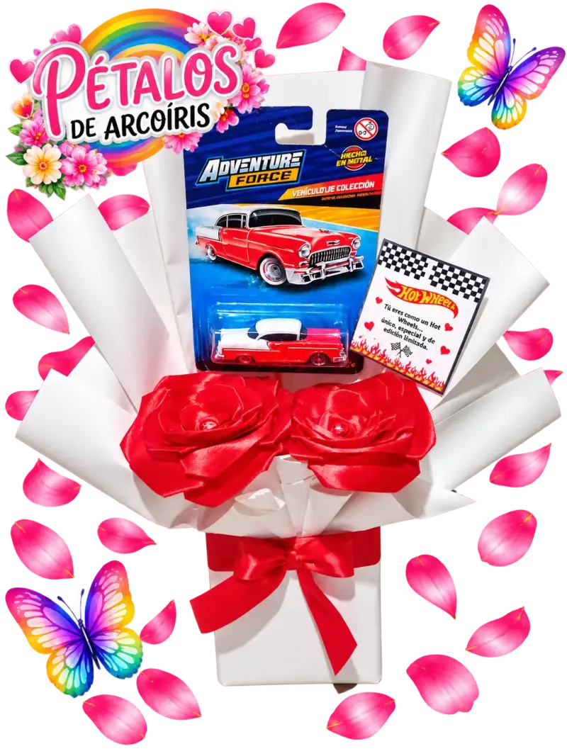 Ramo de rosas con auto de colección Adventure Forc