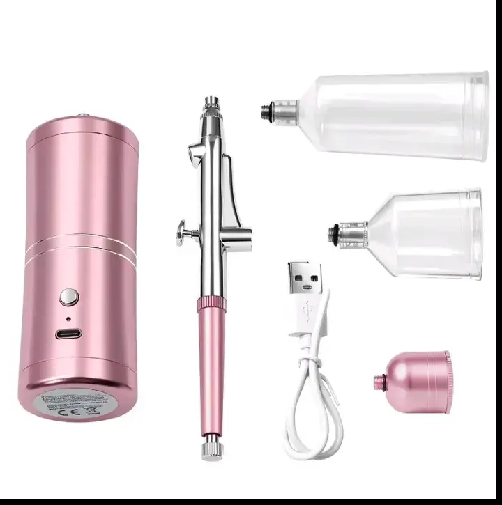 Aerógrafo portátil recargable rosa con accesorios - 1