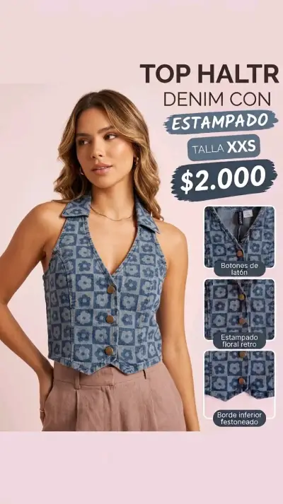 Top halter denim con estampado floral - miniatura 1