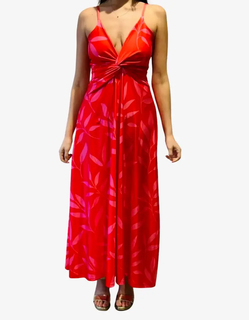 Vestido largo rojo con estampado floral - 1