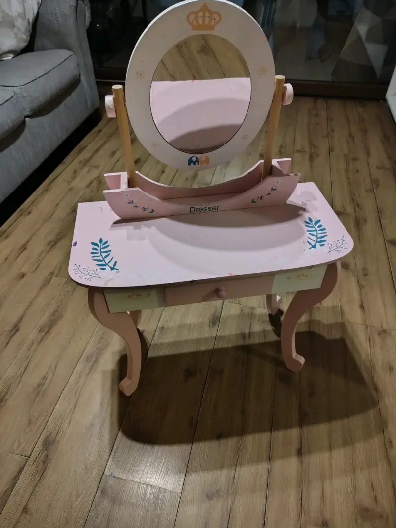 Tocador infantil rosa con espejo y cajón - 2