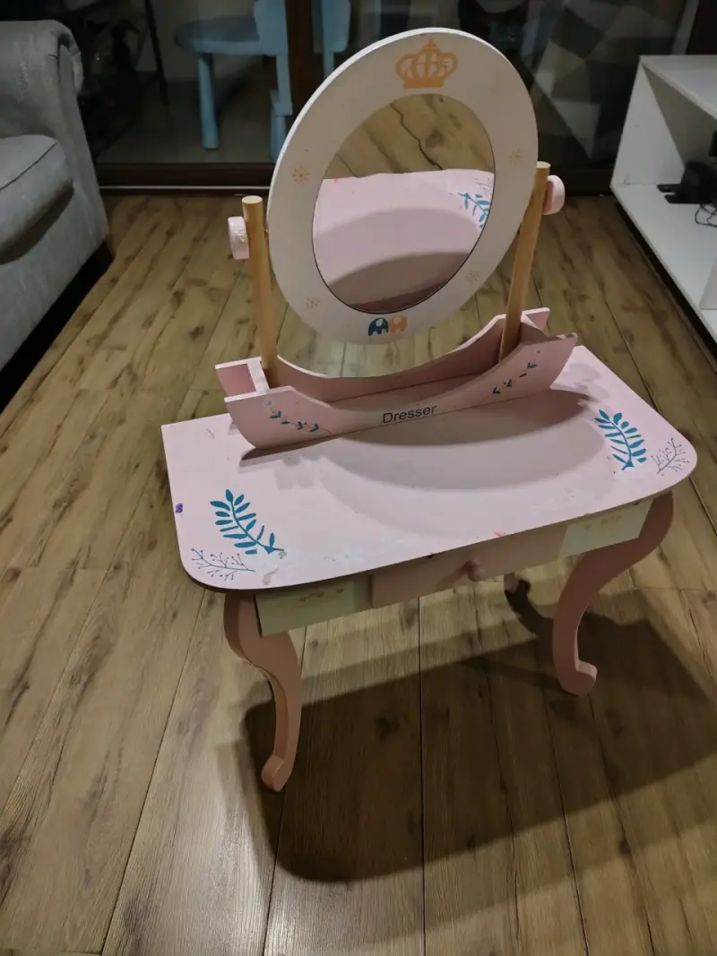 Tocador infantil rosa con espejo y cajón - 3