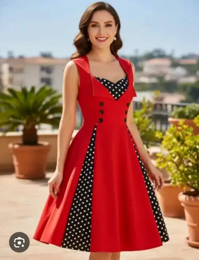 Vestido rojo vintage con lunares negros - 2